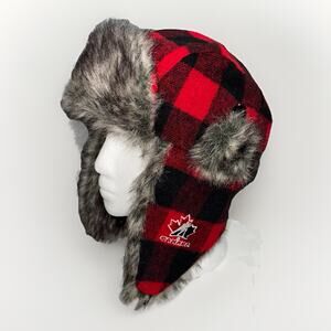 Hockey Canada Red Black Buffalo Plaid Trapper Hat Faux Fur Ear Flap Hunting
